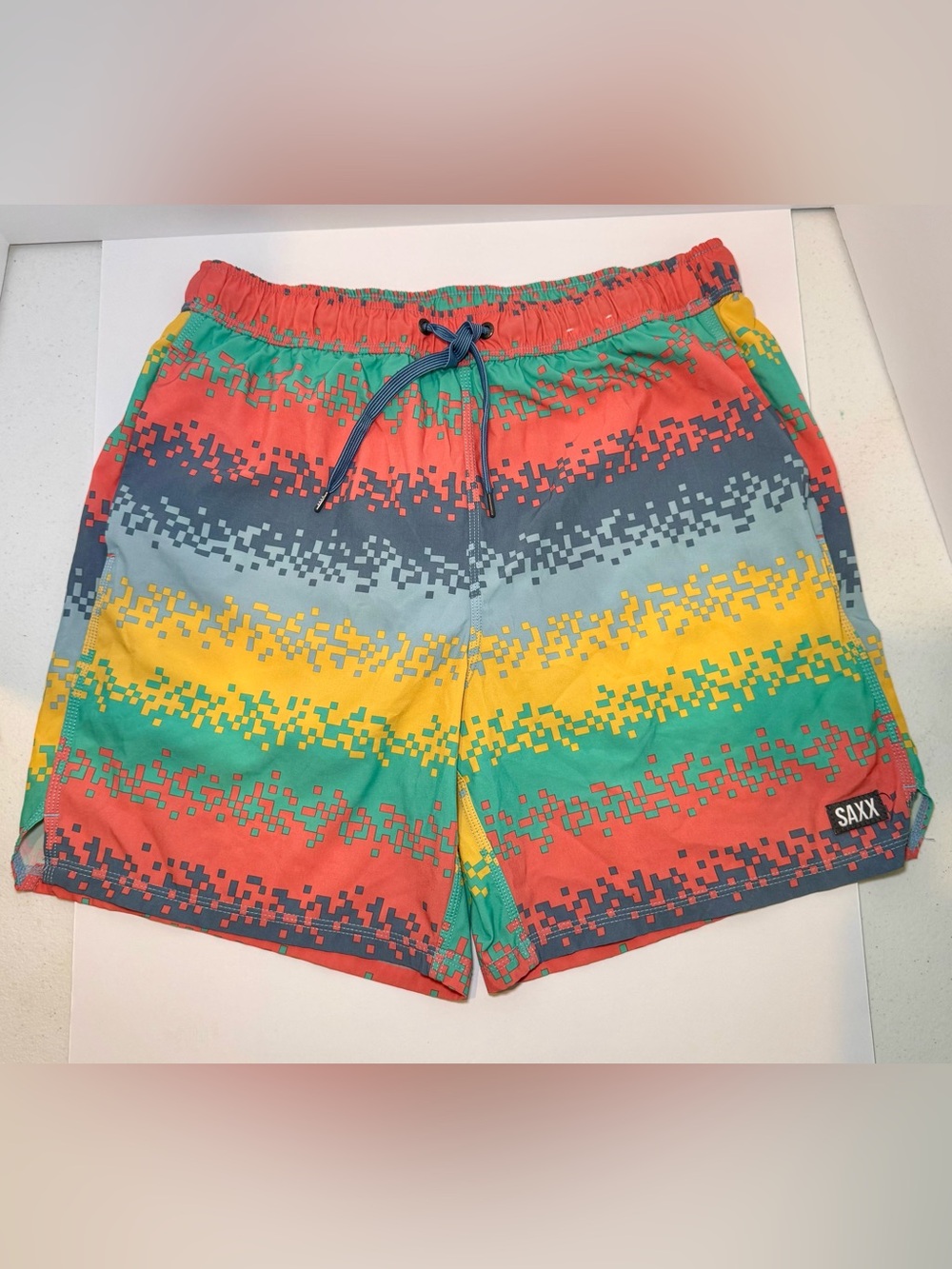SAXX Swim Trunks Multicolor Striped Board Shorts Drawstring Quick Dry